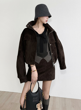 NancyCavally专柜款重磅定染羊反绒麂皮VTG风短箱型夹克/短裙套装