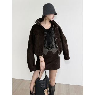 短裙套装 NancyCavally专柜款 重磅定染羊反绒麂皮VTG风短箱型夹克