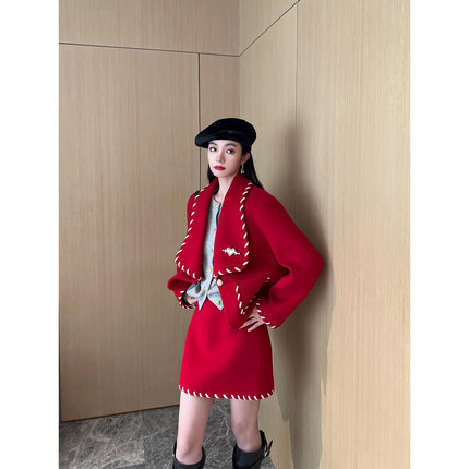 NancyCavally重磅110支羊毛双面顺毛呢  织带编织撞色边毛呢套装