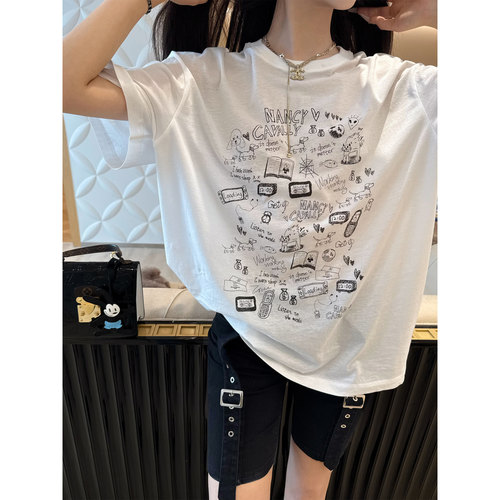 NancyCavally时髦趣味涂鸦廓形T