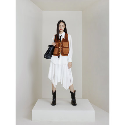 NancyCavally专柜款优质小羊皮/真丝素绉缎  美拉德撞色廓形马甲