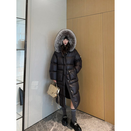 NancyCavally专柜款高蓬松保暖95白鹅绒  超大银狐毛领长款羽绒服