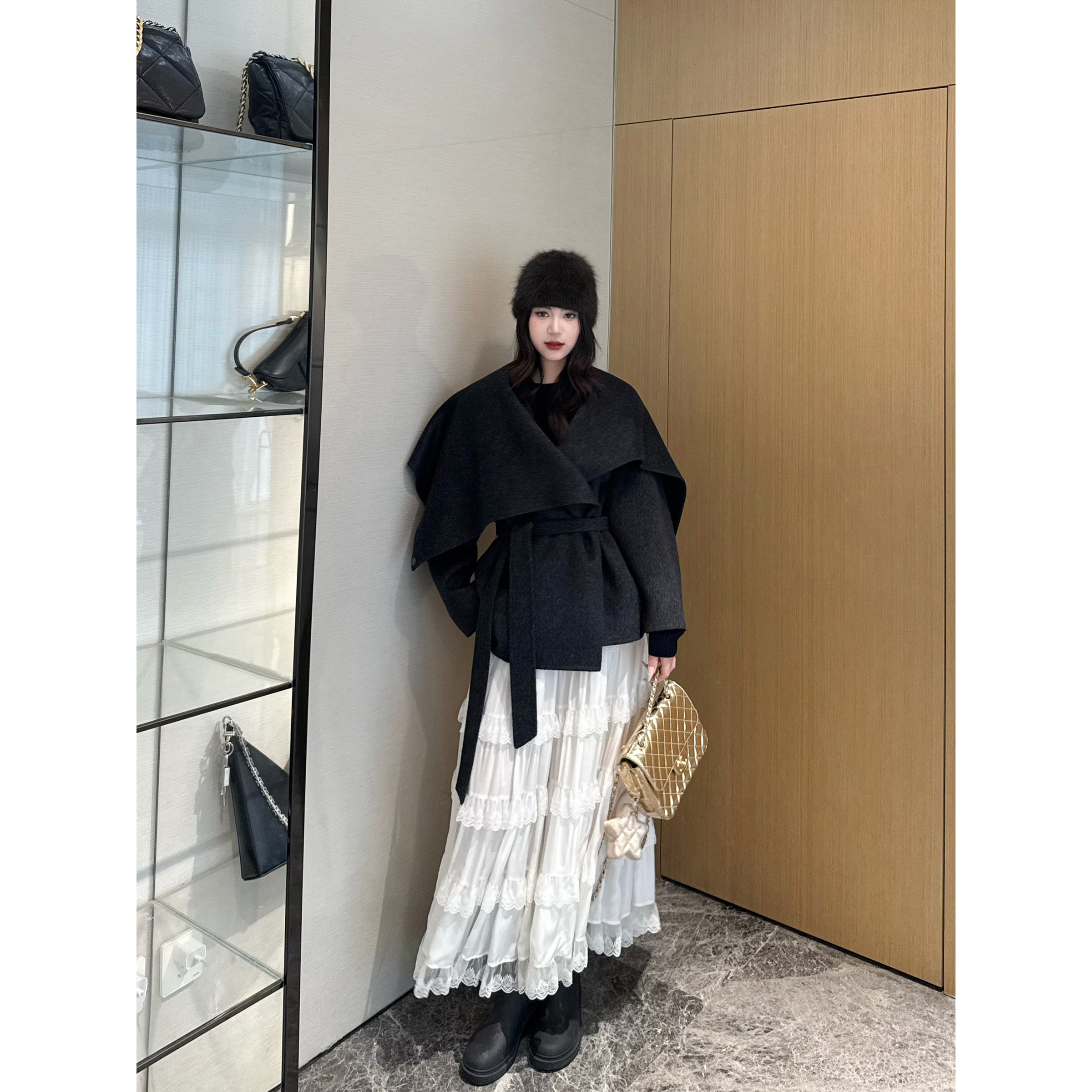 NancyCavally披肩大翻领毛呢外套