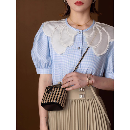 NancyCavally欧根纱花领短袖衬衫