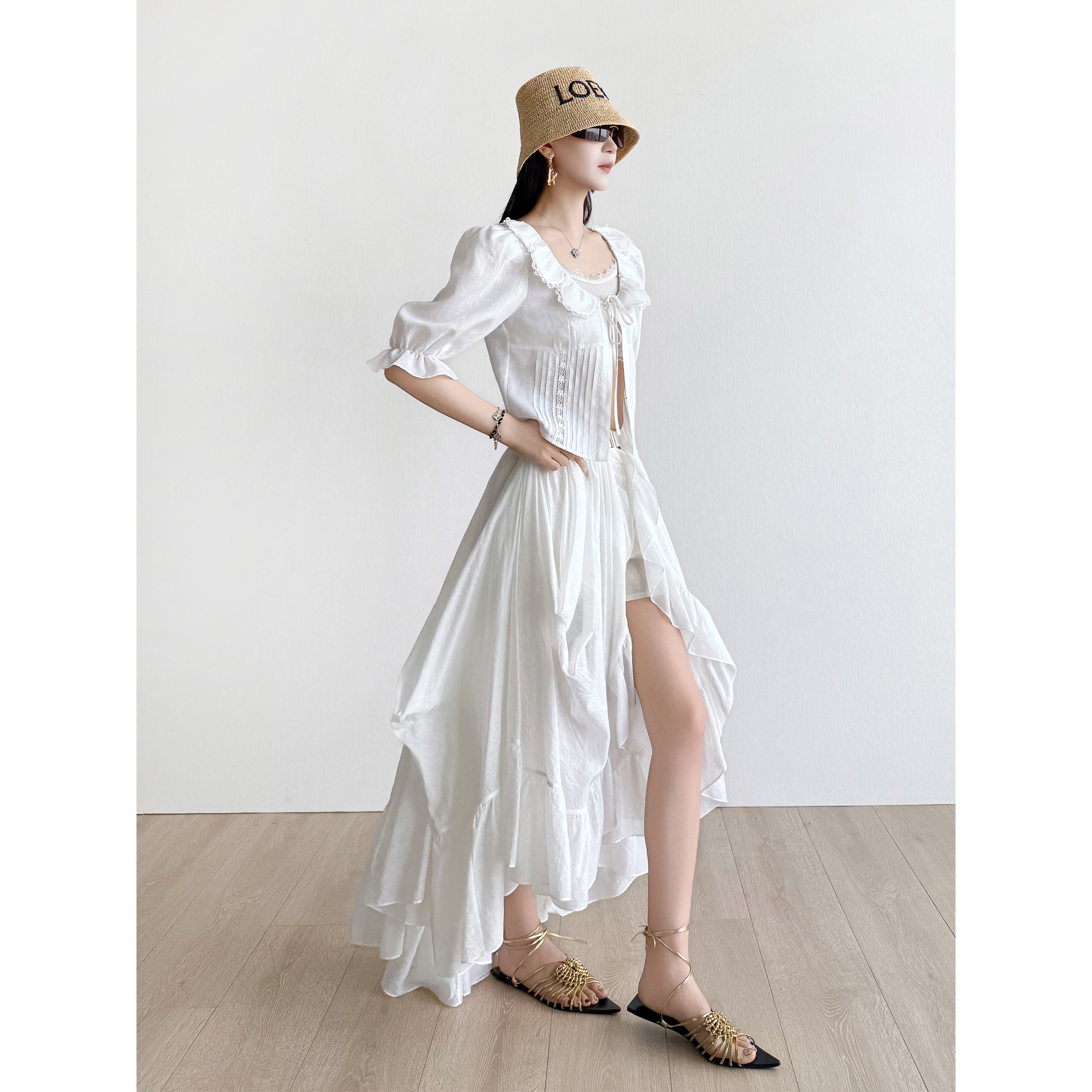 NancyCavally专柜款竹节纹理骨感麻混纺 花瓣领风琴褶少女感小衫