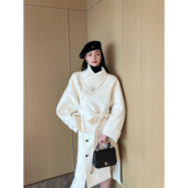 NancyCavally高奢羊绒 澳毛 珠宝别针不对称多穿翻领双面呢外套