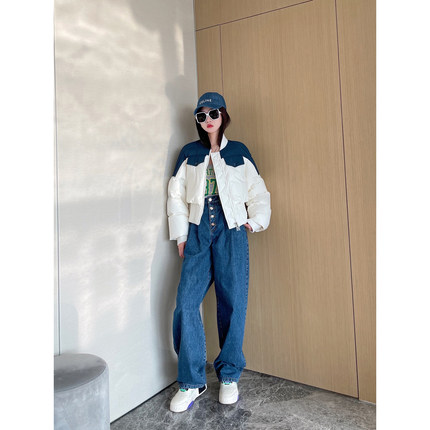 NancyCavally蓄热保暖95白鹅绒 哑光微颗粒感拼色短款棒球羽绒服