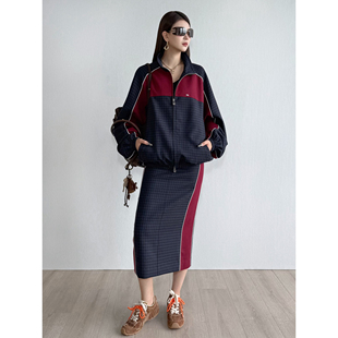 NancyCavally专柜款抗皱精纺羊毛 复古格纹拼接外套/包臀半裙套装