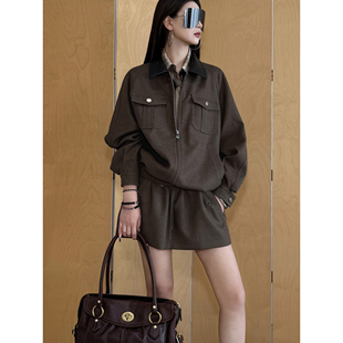 双腰头短裙套装 撞色翻领外套 挺括人字纹面料 NancyCavally专柜款