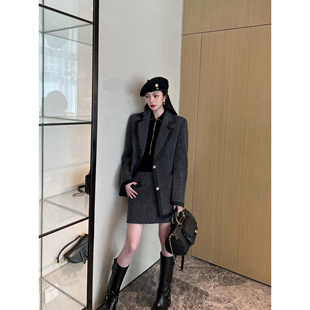 NancyCavally美丽诺羊毛圈圈花纱软呢醋酸拼边MIU风西装 短裙套装