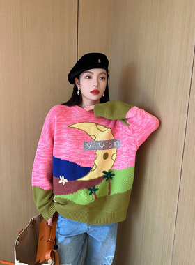 NancyCavally Vivian系列 手工嵌花工艺风景画拼色羊毛针织衫毛衣