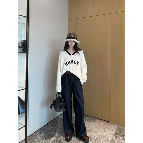 NancyCavally拼色格纹羊毛阔腿裤