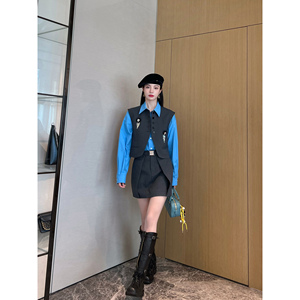 NancyCavally专柜款悬垂精纺羊毛 精致手工钉珠马甲/微A短裙套装
