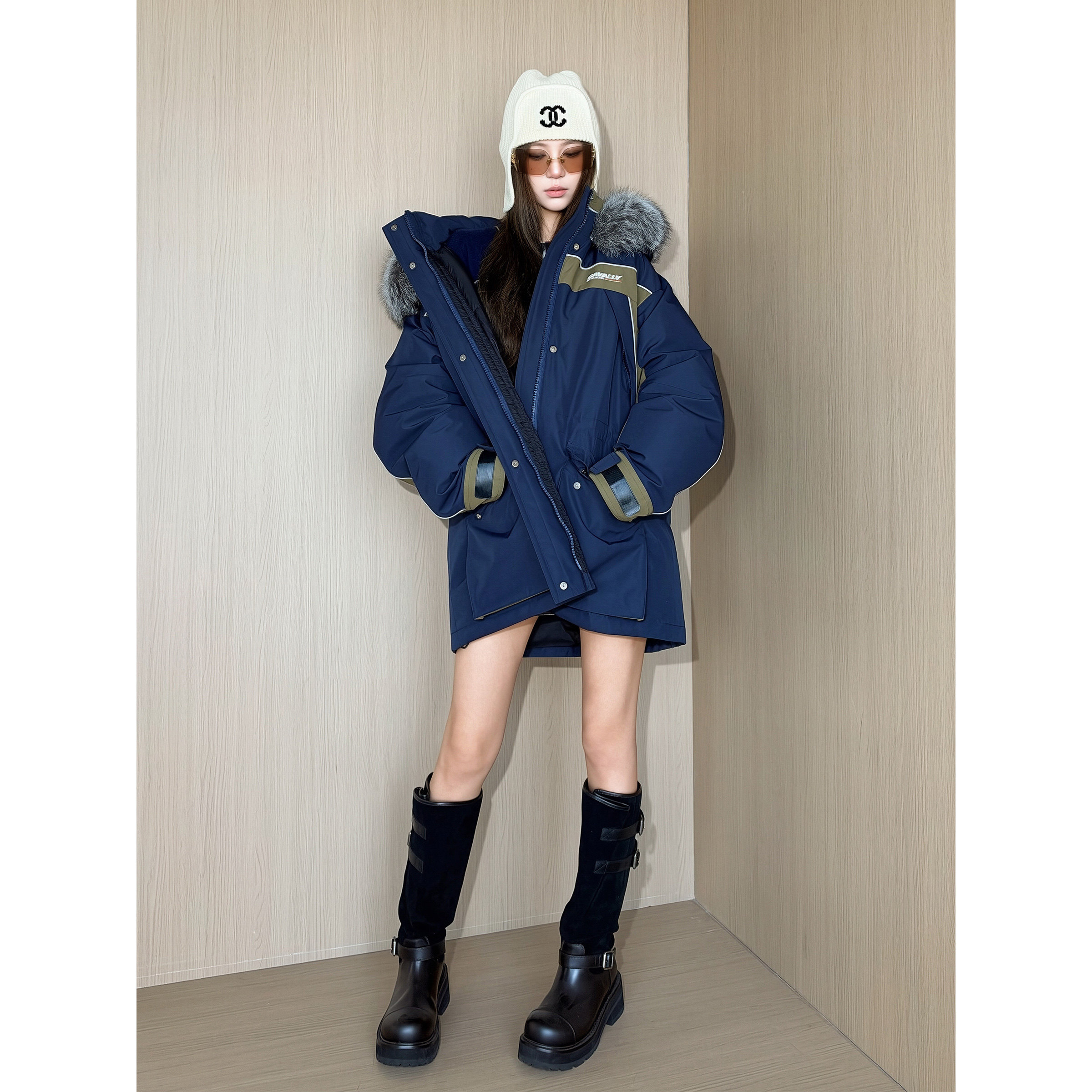 NancyCavally专柜款暖奢95白鹅绒 防风撞色银狐大毛领派克羽绒服