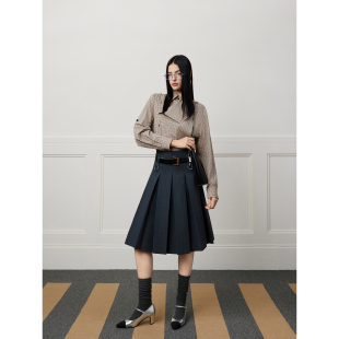 NancyCavally专柜款 定制铆钉腰袢A字压褶半裙 甄选滑糯精纺羊毛