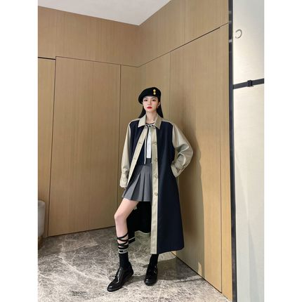 NancyCavally意大利工艺美利奴澳毛/醋酸 帅酷条纹撞色大廓形风衣