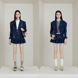 NancyCavally专柜款 复古怀旧风微宽肩牛仔短外套/百褶短裙套装