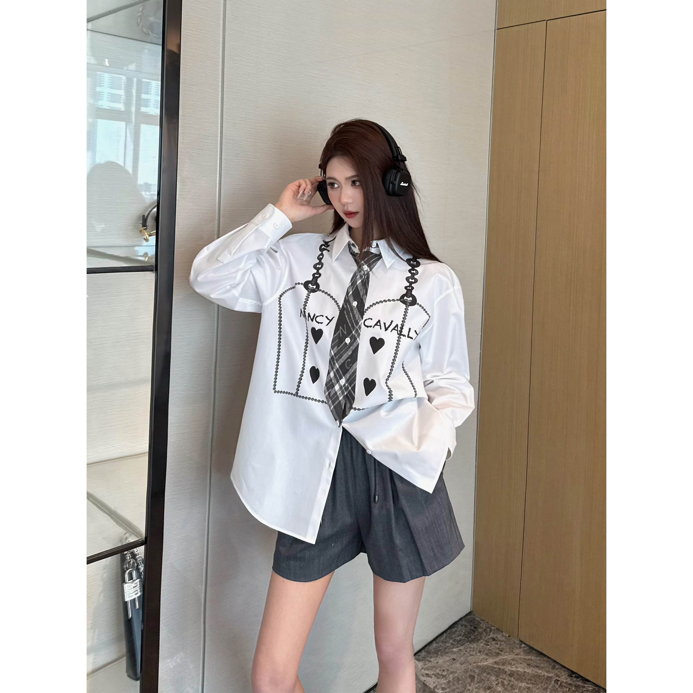 NancyCavally时髦精领带印花衬衫