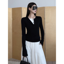 NancyCavally专柜款细腻平滑天丝羊毛 叠穿假两件亨利领针织打底