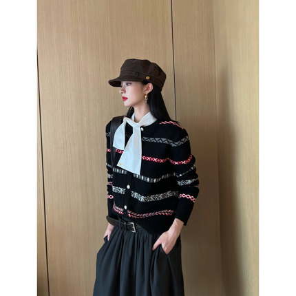 NancyCavally专柜款软糯舒适荃羊毛 复古撞色提花费尔岛针织开衫