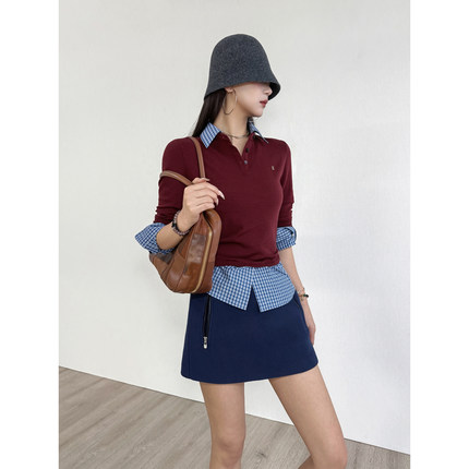 NancyCavally专柜款亲柔细腻优质羊毛 撞色miu系假两件Polo打底衫