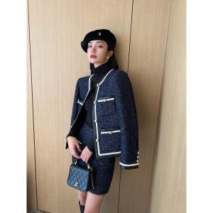 NancyCavally银丝细闪针织感澳毛拼皮白镶边气质小香半裙外套套装