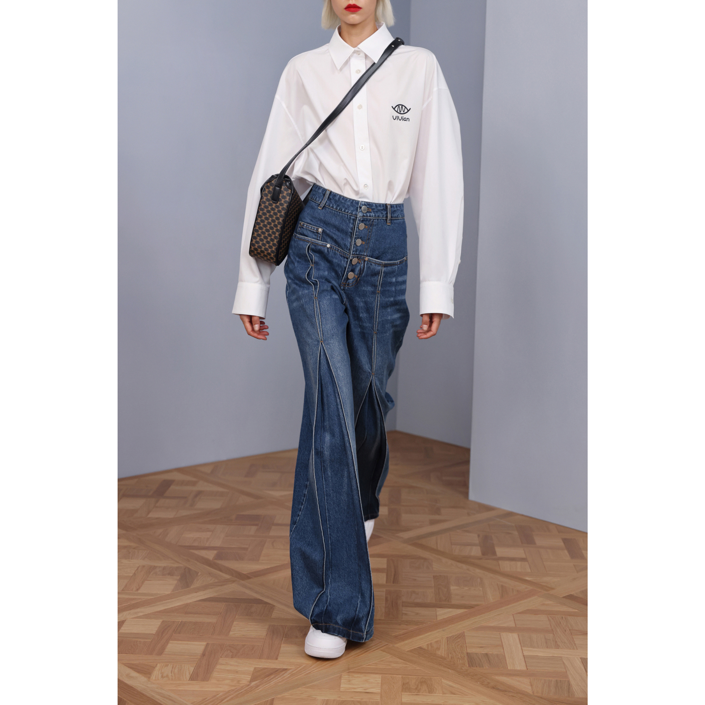 NancyCavally赛络纺叠褶牛仔裤