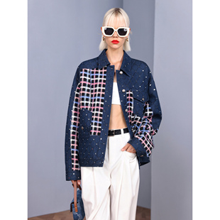 NancyCavally重工系列  高定级刺绣亮片拼接格纹复古小香牛仔外套