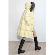 NancyCavally专柜款極柔泡芙感95白鹅绒 银狐大毛领中长款羽绒服