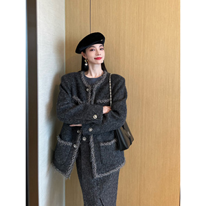 NancyCavally专柜款苏力羊驼毛/马海毛 手工织带镶边毛呢小香套装