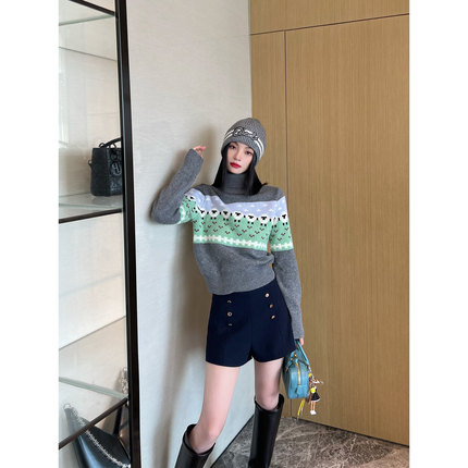 NancyCavally专柜款云柔感纯羊毛  趣味浮线小羊提花高领针织毛衣