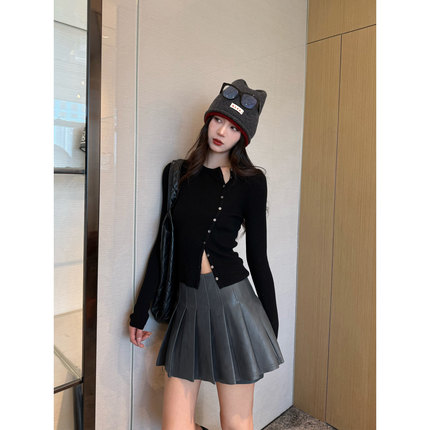 NancyCavally专柜款超细支33羊毛 不规则排扣辣妹修身针织打底衫