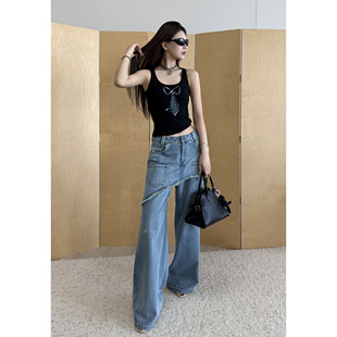 NancyCavally专柜款甄选斜纹肌理棉 街头复古风假两件阔腿牛仔裤