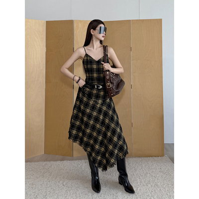 NancyCavally格纹肌理吊带连衣裙