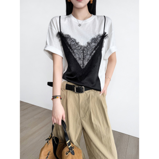 NancyCavally专柜款 街头感蕾丝拼接吊带T恤 轻盈爽滑筋骨感雪絮棉