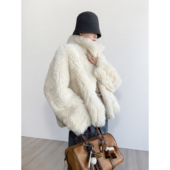 NancyCavally专柜款 奢雅肌理感羊皮鞣制皮毛一体立领老钱皮草外套