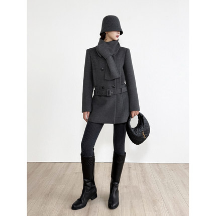 NancyCavally专柜款进口澳毛/山羊绒 千金风连衣式围脖毛呢外套