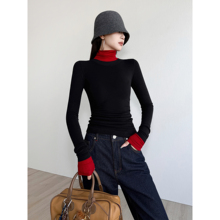 NancyCavally专柜款拉架罗纹双面精纺羊毛 拼色高领修身针织打底