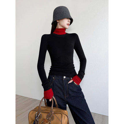 NancyCavally专柜款拉架罗纹双面精纺羊毛 拼色高领修身针织打底