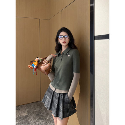 NancyCavally专柜款60NM美利诺羊毛 学院感假两件Polo领针织打底