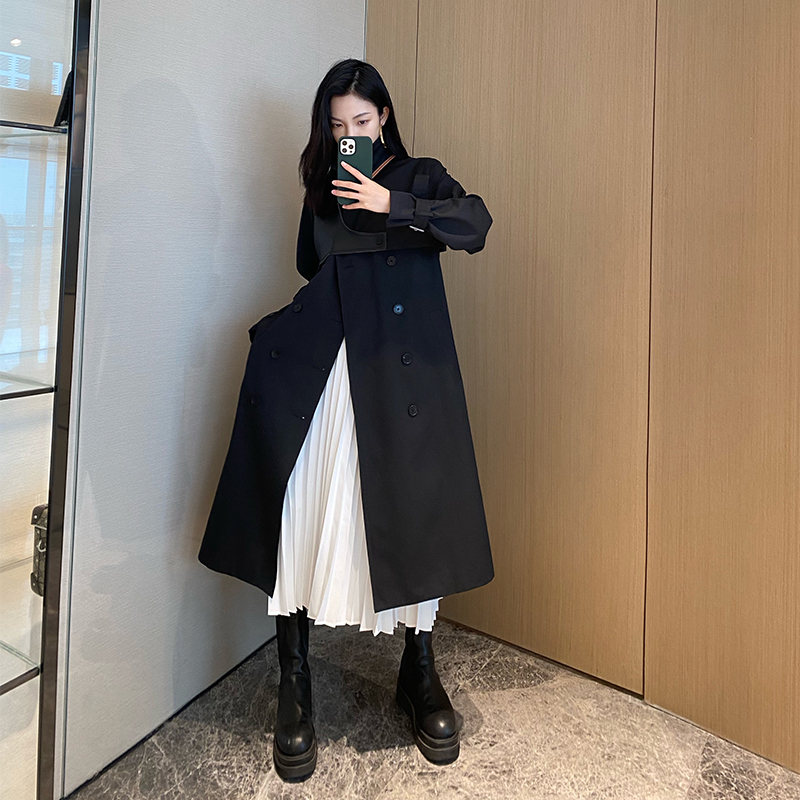 NancyCavally羊皮拼接廓形风衣