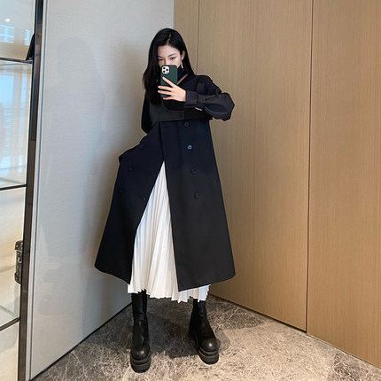 NancyCavally重磅风衣系列 前复式腰带羊皮拼接过膝长款廓形风衣