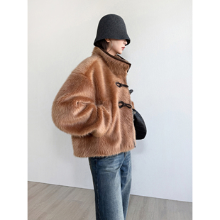 NancyCavally专柜款甄选绒面超细羊毛 泰迪绒牛角扣奢华短款外套