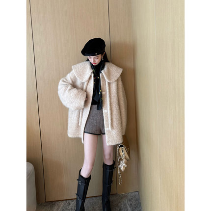 NancyCavally专柜款黄金比例羊毛/羊驼毛 减龄披肩领廓形毛呢外套