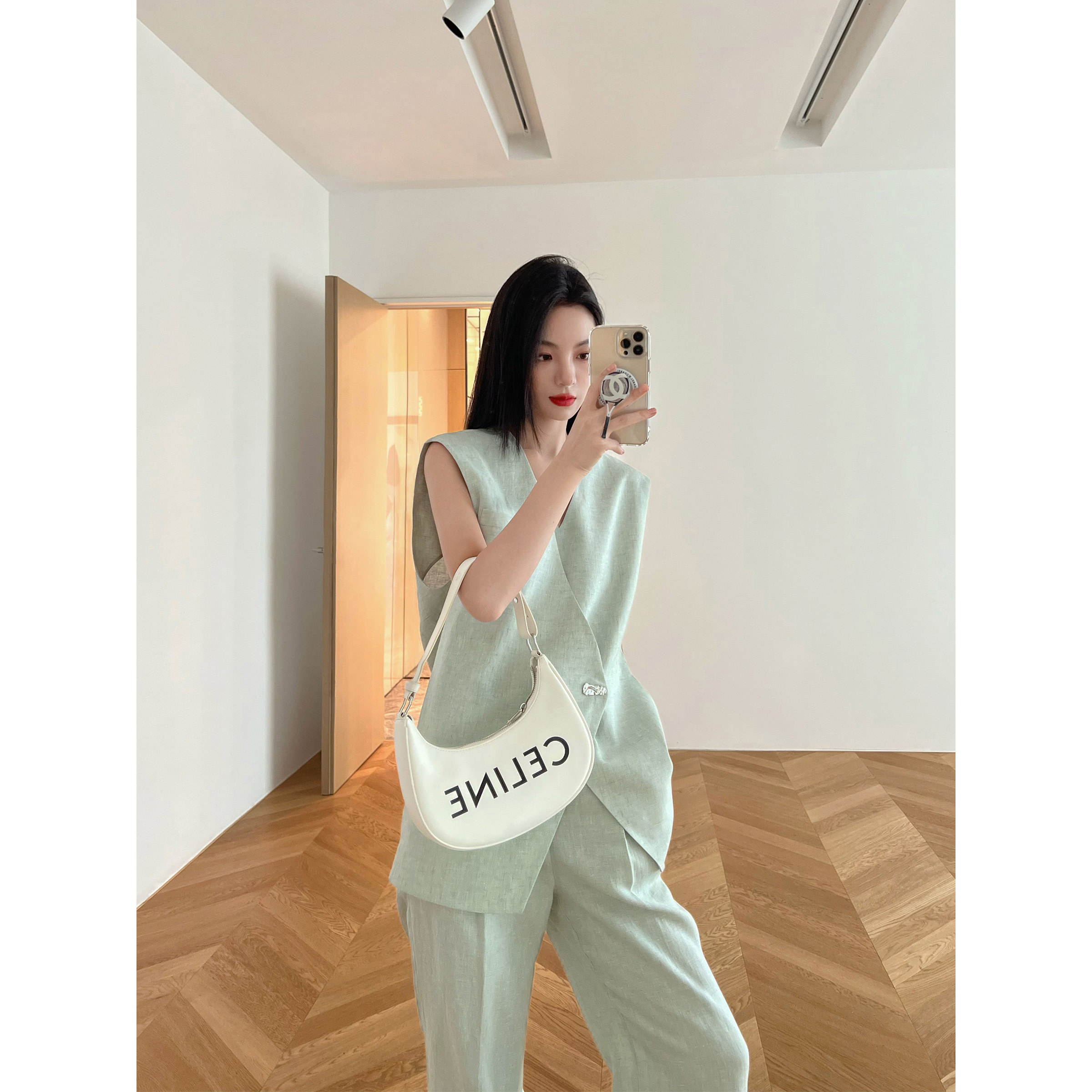 NancyCavally专柜款韩国肌理亚麻 静奢松弛感微廓形马甲/长裤套装
