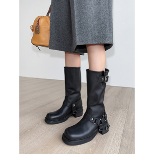 NancyCavally专柜款 朋克增高厚底中筒靴 贵奢荔面摔纹头层小牛皮