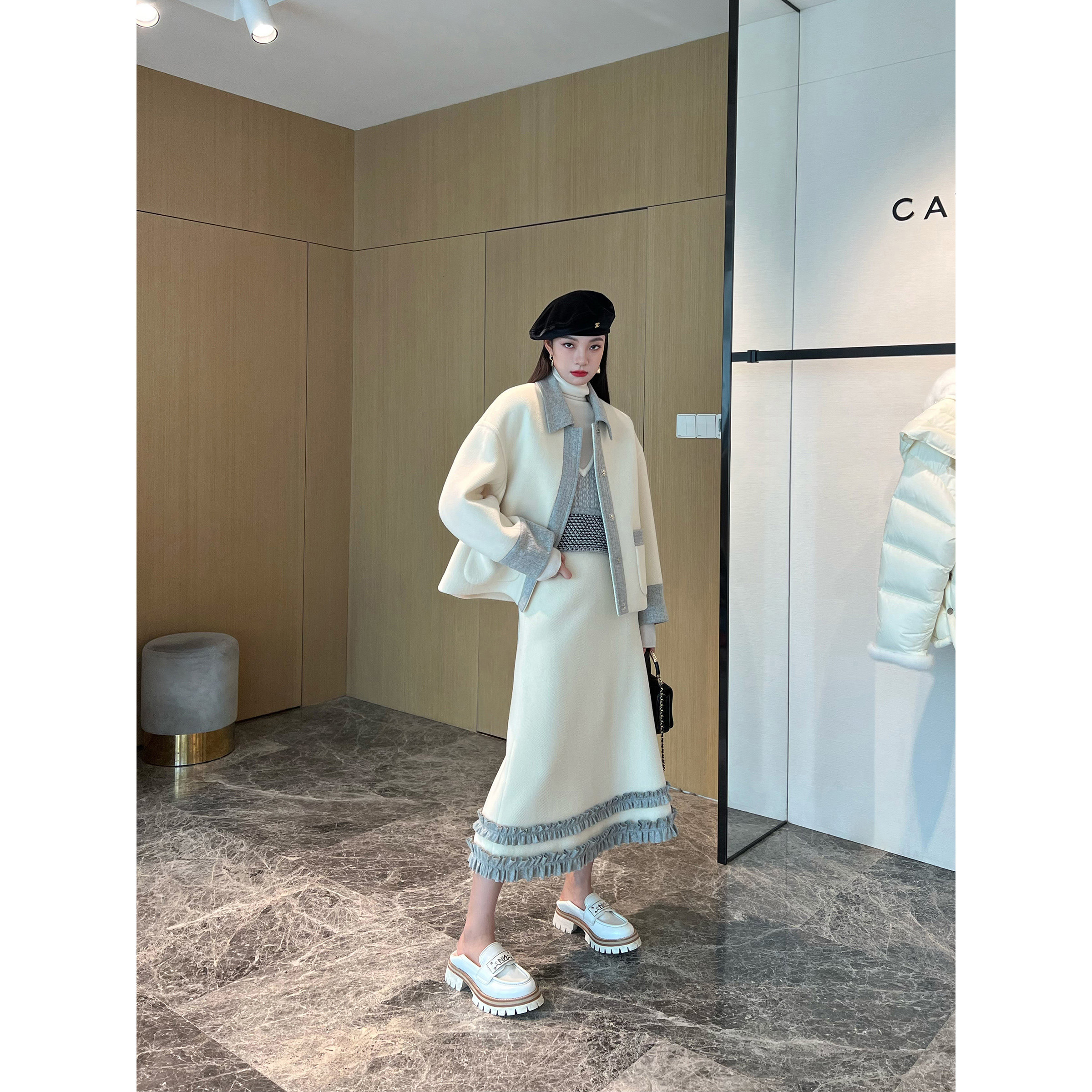 NancyCavally超软羊毛人字纹烤花呢暖糯撞色花边半裙/双面呢外套,女装/女士精品,时尚套装,淘宝优惠券,粉丝福利购,淘宝优惠卷