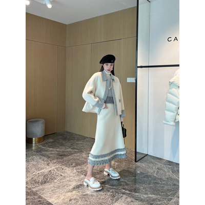 NancyCavally撞色花边双面呢套装