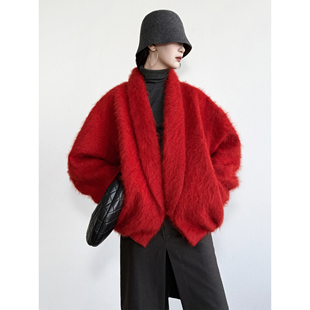 NancyCavally专柜款进口澳洲美丽诺羊毛/桑蚕丝 O型深V毛呢外套