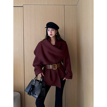 NancyCavally专柜款奢选澳洲羊毛/羊绒随性造型青果领双面呢外套